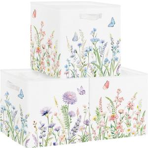 11.8" Wild Flower Storage Cube Organizer Set of 2 Clothes Storage Basket Bin for Closet Shelf Garden Butterfly Nursery Kid Room Book Toy Chest, Plant Bush