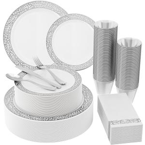 Count Silver Plastic Dinnerware, Silver Disposable Plates, Includes 30 Dinner & 30 Dessert Plates & 30 Cups & 30 Paper Napkins & 30 Plastic Silverware Set