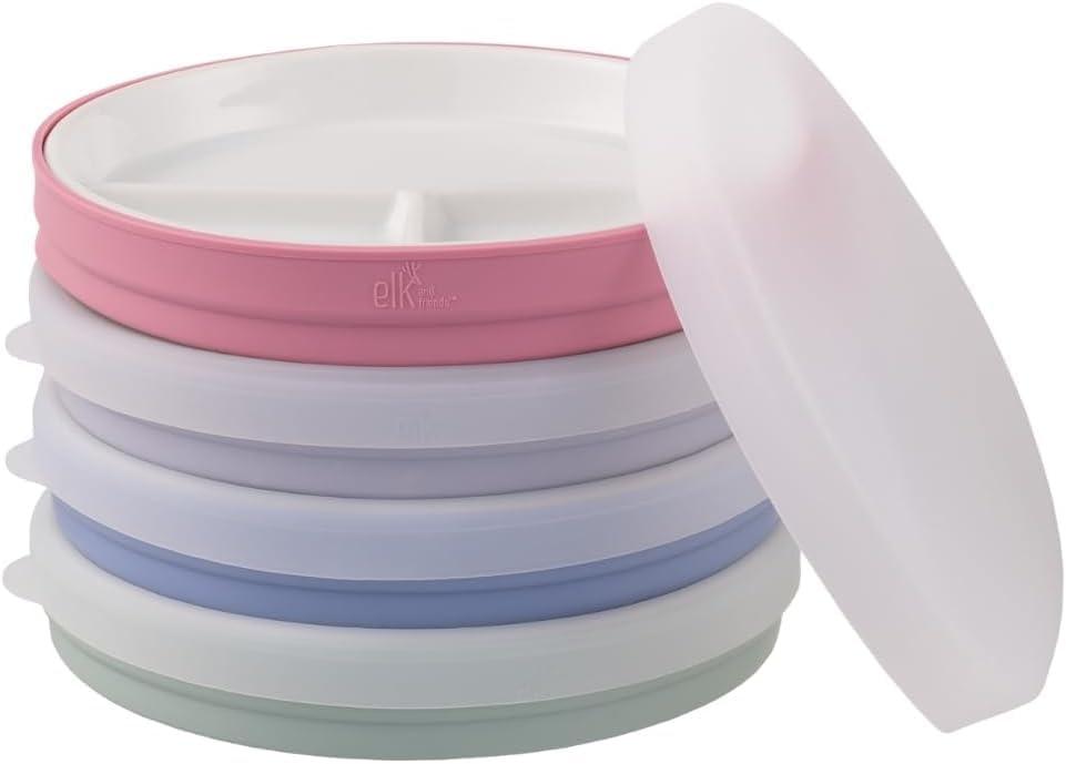 Elk and Friends Kids 7.8 Porcelain Divided Plates with Silicone Sleeves + Lids | Suitable for Babies/Kids/Toddlers | Microwave & Dishwasher Safe | Non Slip | Snack Dishes