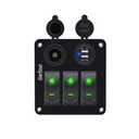 2 x Green 3 Gang Waterproof Boat Switch Panel with 3.1A USB and 12V Cigarette Lighter Socket Marine Switch Panel for Boats, Trucks, RVs