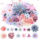 Thiccywoov 80 Pcs Assorted Fake Flower Heads Mini Artificial Flower Heads Bulk Silk Faux Daisy for Crafts Fake Peony Rose for Wedding Party Wreath Home Decoration(Blue, Purple, Pink)
