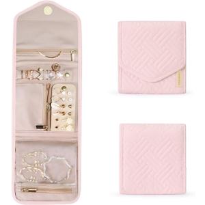 BAGSMART Travel Jewelry Organizer Case Foldable Jewelry Roll for Journey Rings, Necklaces, Earrings, Bracelets,Mini,Light Pink (Small)