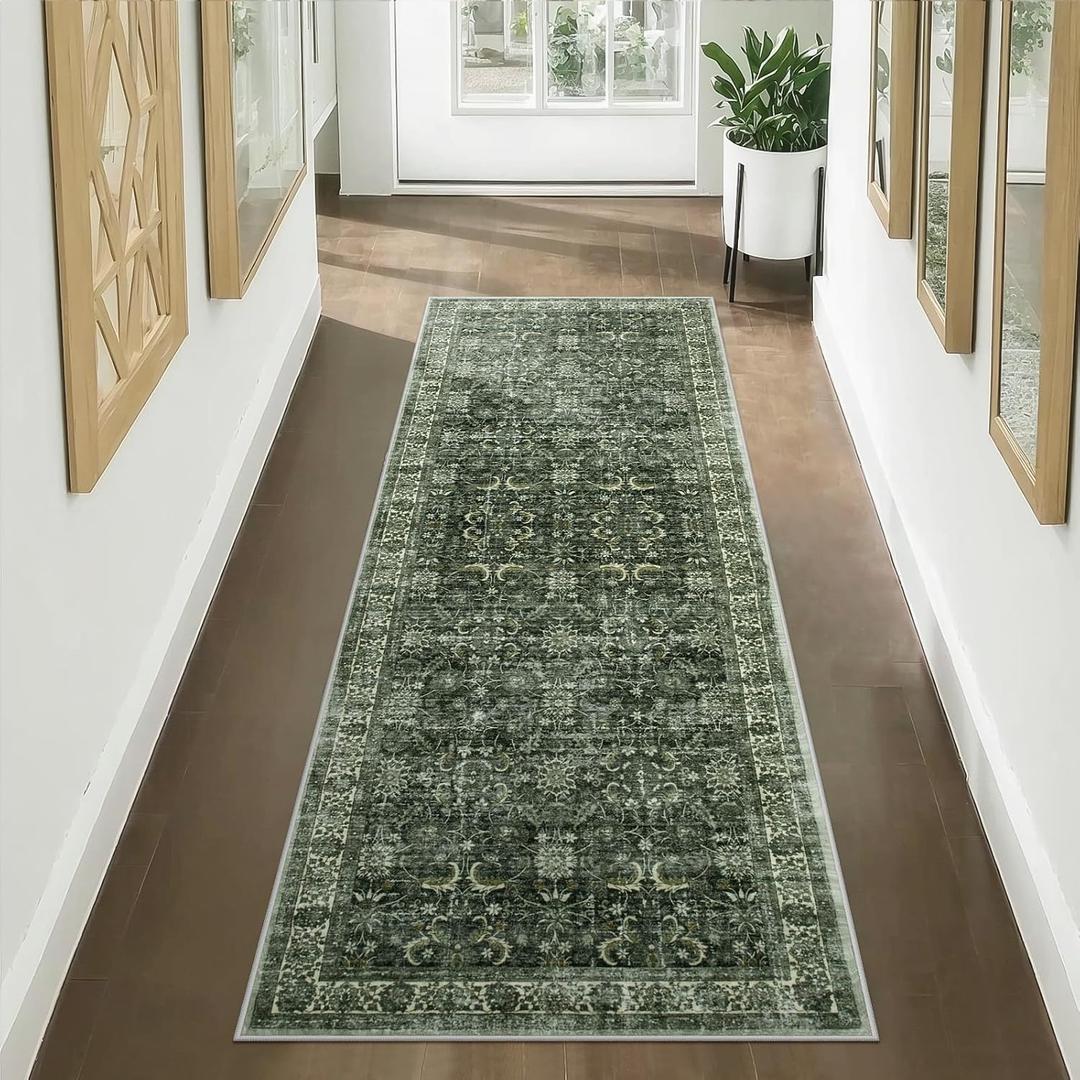 Anidaroel Washable Kitchen Rug, 2.5x8 ft Green, Non-Skid, Vintage Boho Hallway Runner, Distressed Soft Bathroom Rug for Laundry Room