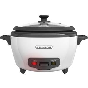 BLACK+DECKER Rice Cooker 6-Cup (Cooked) with Steaming Basket, Removable Non-Stick Bowl, White