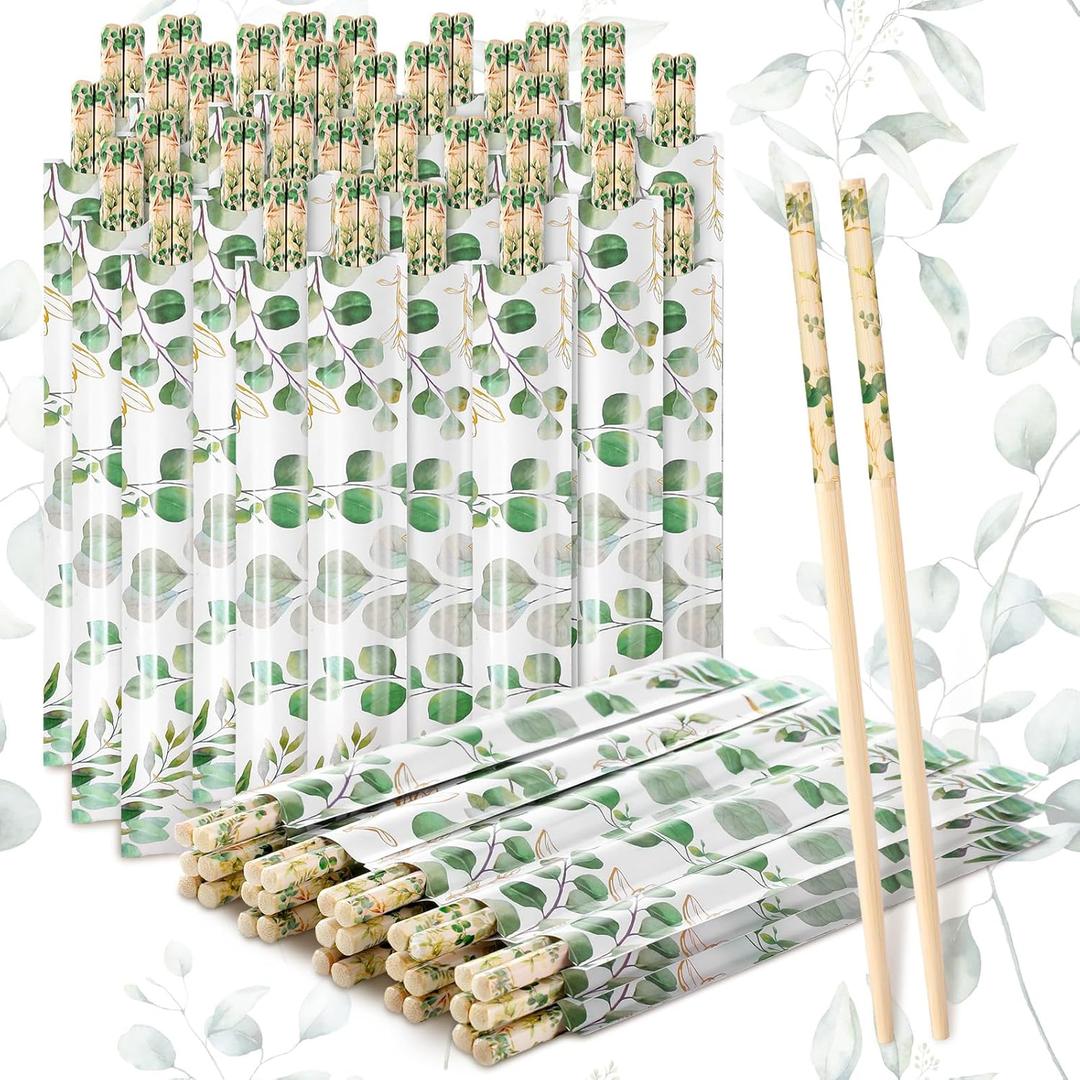 50 Pairs Cherry Blossom Chopsticks Bulk with Sleeved Blue Flower Disposable Bamboo Eucalyptus Chopsticks Wedding Favors Chinese Japanese Food Supply for Takeout Picnic(Eucalyptus)