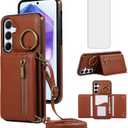 Compatible with Samsung Galaxy S26 Plus S26+ 5G Wallet Case with Tempered Glass Screen Protector Crossbody Shoulder Strap Buckle Card Holder Cell Phone Cover for S26Plus 26S + S 26 26+ Women Brown