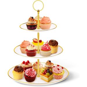 PinCute Cupcake Stand Holder - 3 Tier Cup Cake Dessert Tower, Plastic Tiered Serving Tray&Metal Rod for Birthday Party, Baby Shower and More (White)