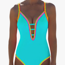 popvil Women One Piece Swimsuit Tummy Control Deep V Neck Neon Cute Bathing Suit Back Tie Swim Suits 2025 Summer, XXL