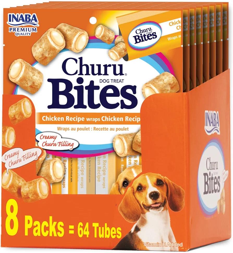 INABA Churu Bites for Dogs, Grain-Free, Soft/Chewy Baked Chicken Wrapped Churu Filled Dog Treats with Vitamin E, 0.42 Ounces Each Tube|64 Tubes Total (Pack of 8), Chicken Recipe Exp. 04/02/2026