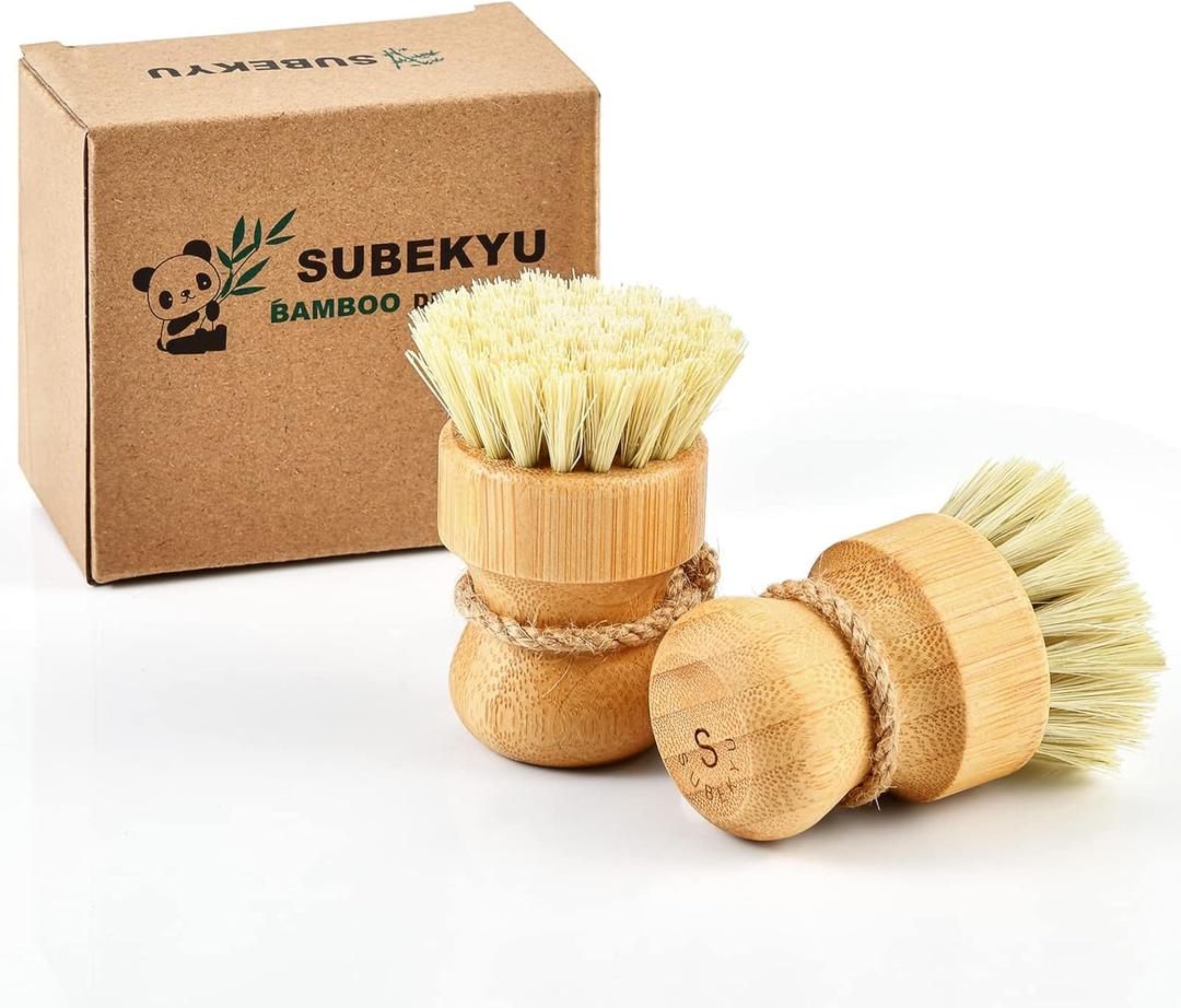 SUBEKYU Bamboo Dish Scrub Brushes for Kitchen, Wooden Cleaning Scrubbers Set for Washing Cast Iron Pan/Pot, Natural Sisal Bristles, Set of 2 (Regular size)