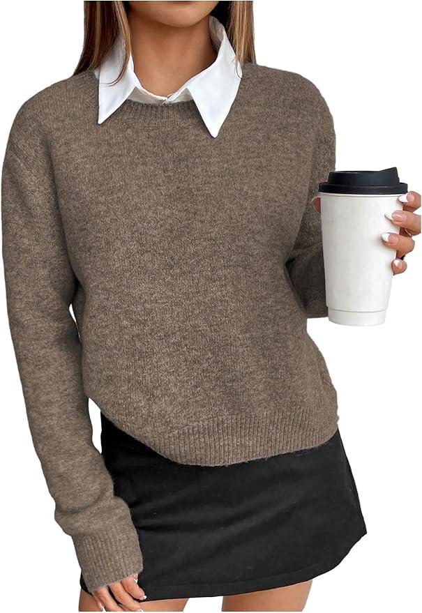 WDIRARA Women's Crew Neck Long Sleeve Sweater Pullover Knit Top Solid Color Casual Knitwear, S