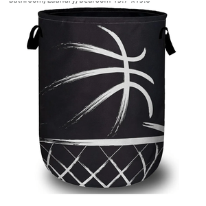 Black Basketball Laundry Basket, Foldable Sport Ball Theme Laundry Hamper Tote Bag Dirty Clothes Storage Bucket Toy Organizer for Bathroom/Laundry/Bedroom 15.7"x19.6"