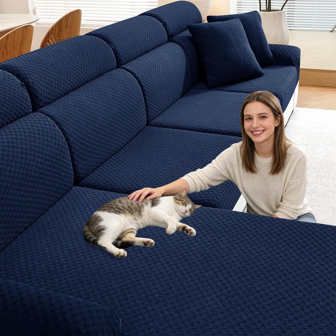 YEMYHOM Couch Cushion Covers for Sofa, Stretch Sectional Couch Seat Cushion Covers Washable Furniture Protector Sofa Slipcovers for Pets (3 Seater + 1 Chaise, Navy)