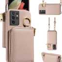 Wallet Case for Samsung Galaxy S21 Ultra 5G with Shoulder Strap Ring Buckle, Luxury PU Leather Zipper Flip Organ Purse, Card Holder Stand Cell Phone Cover for S21ultra 21S S 21 21ultra G5 Khaki