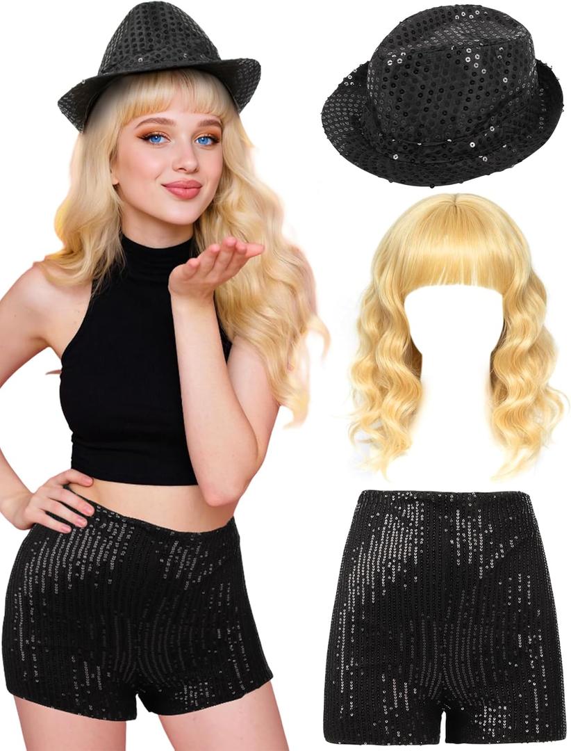 3 Pcs Halloween Singer Costume Wavy Blonde Wig Sequins Fedora Hat Shorts for Party Cosplay Music Festival Concert (Medium)