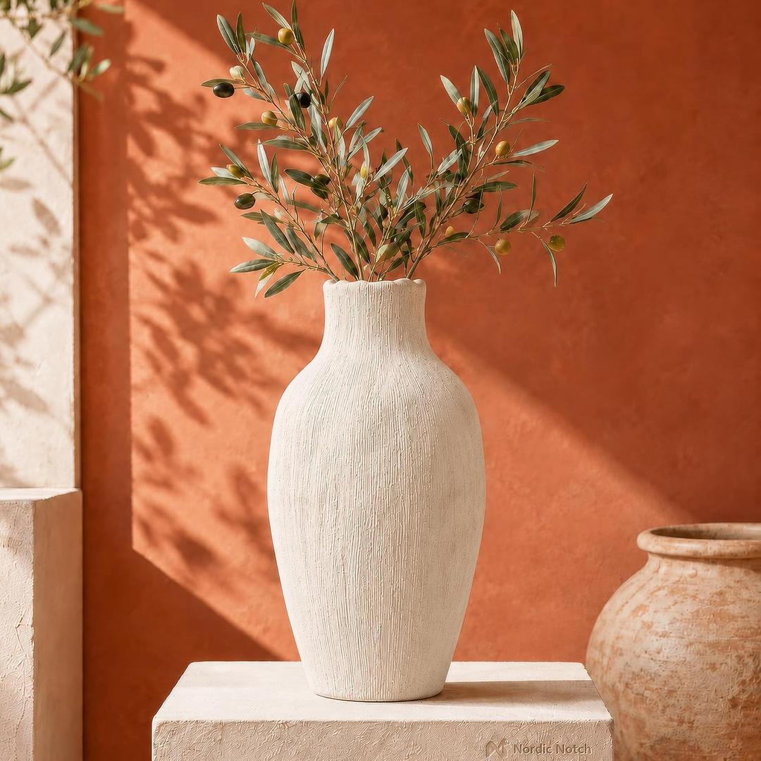 Ceramic Flower Vase for Home Decor - Handmade Textured Long Vase Medium - 12 inch Tall