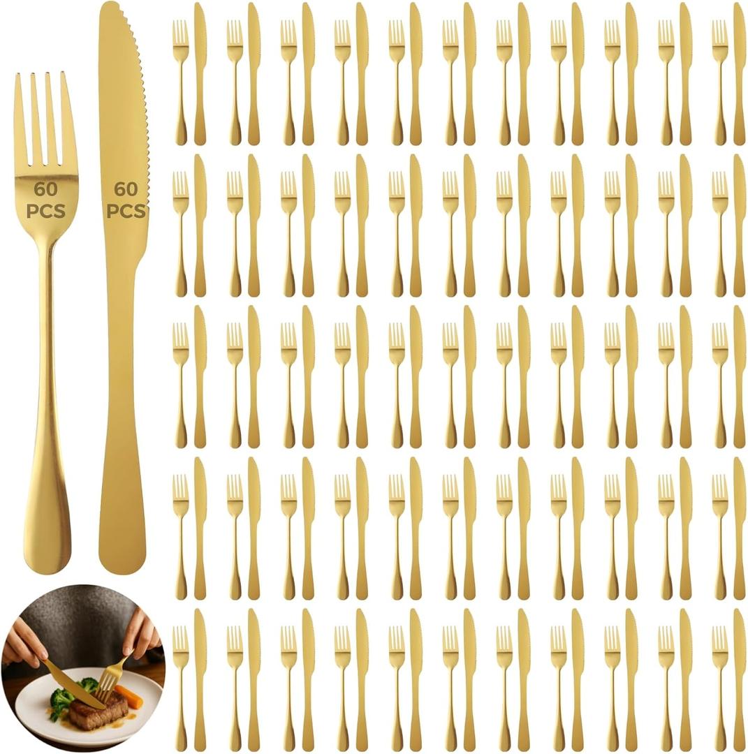 120 Pcs Gold Silverware Set, Includes 60 Forks and 60 Knives, Stainless Steel Flatware Set, Elegant and Sturdy Cutlery, Smooth Surface, Dinner Tableware, Ideal for Home, Restaurant