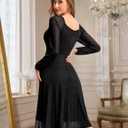 Bbonlinedress Formal Wedding Guest Dress Square Neck Lace Cocktail Dress Bridesmaid Long Sleeve A-Line Midi Tea Prom Gown (Black, L)