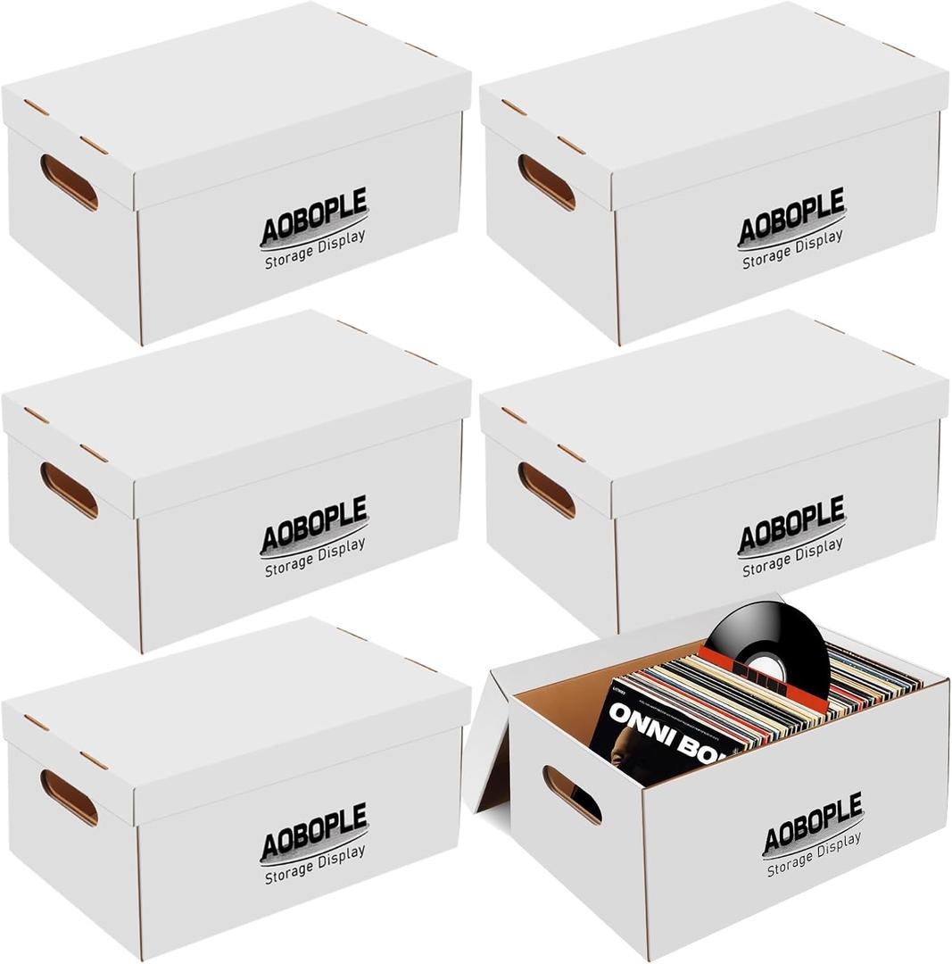 AOBOPLE 6 Pack Vinyl Record Storage Box,7"/45 RPM Cardboard Vinyl Record Box with Lid and Handle,Holds up to 75 7" Records Each,Moving Box for Records Ideal for DJs Show Vendors Record Collectors