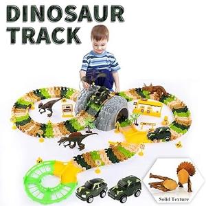TEMI Upgraded 150 PCS Dinosaur Race Track Toys Set with 4 Jurassic Solid Dino Figure, 2 BO Race Car Vehicle, DIY Assemble Flexible Train Track Play Sets for Kids