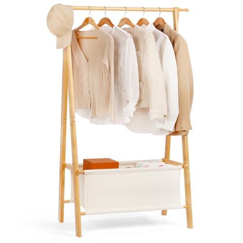 Relquorax Bamboo Clothes Rack with Storage Box, Portable Extra Large Garment Rack Clothing Rack, Foldable Wardrobe For Entryway and Bed Room (M)