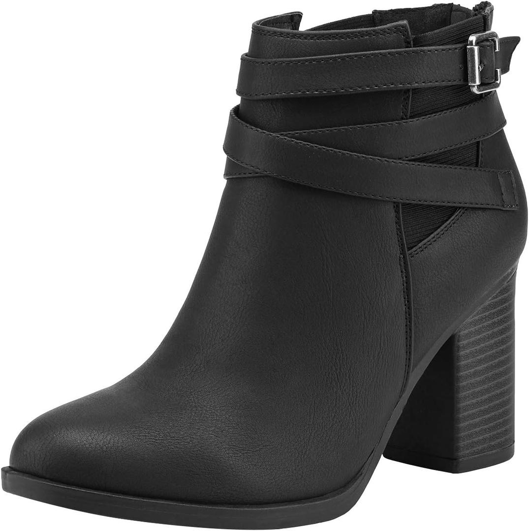 TOETOS Women's Chunky High Heel Ankle Boots Close Toe Fall Heeled Booties Shoes (Black)