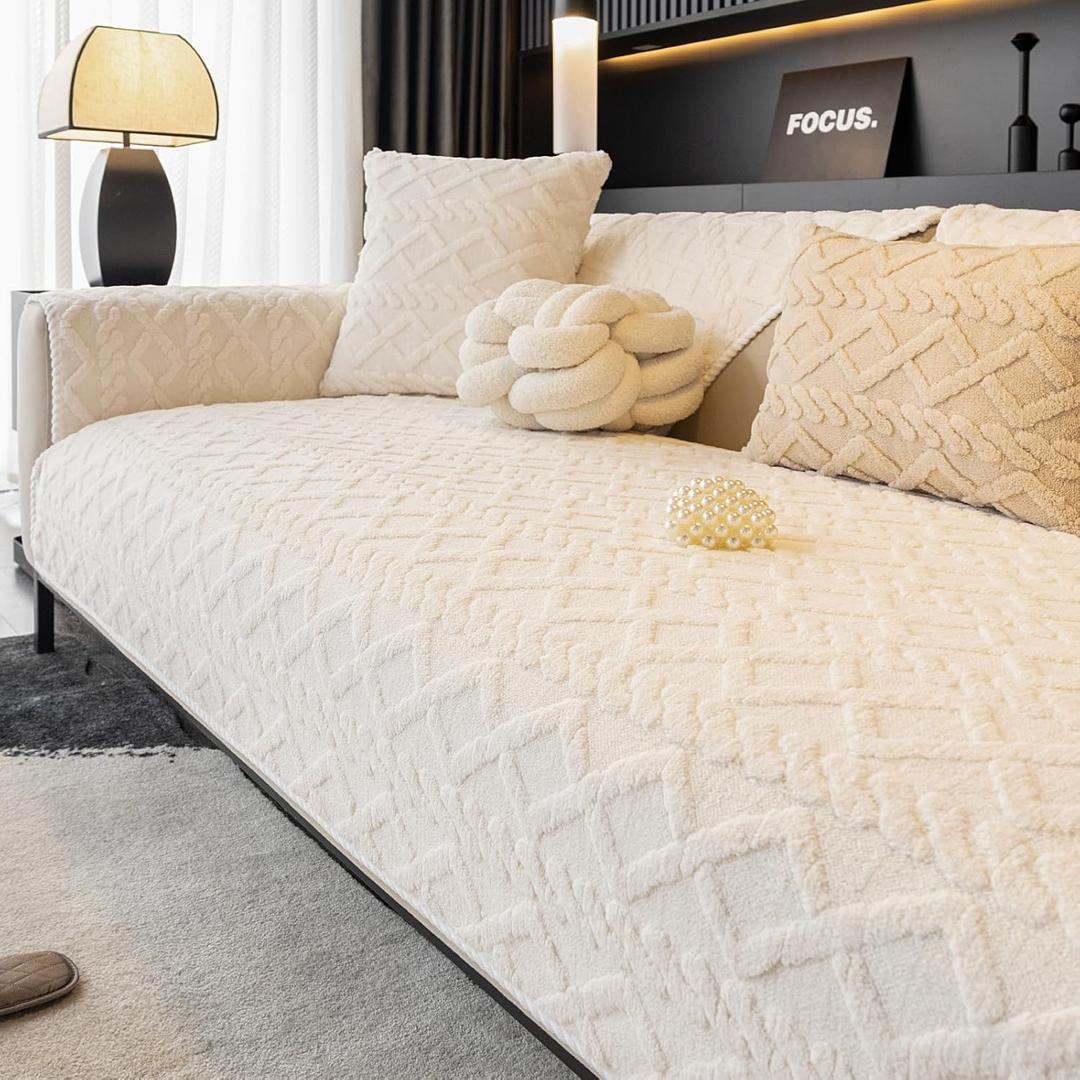 Funny Fuzzy Couch Cover, Plush Warm Sofa Covers for Pets Washable, Pet Covers for Couches and Sofas, Non Slip Couch Cover for Armrest & Backrest(1PC, Beige White, 35.4"35.4", Single Seater Sofa)