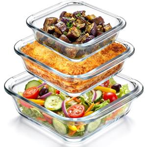 Domensi 3 Pcs 8x8 & 7x7 & 6x6 in Square Glass Baking Dish Set Deep Baking Pan Stackable Bakeware with Handles Oven Dishwasher and Microwave Safe, 1 Qt, 1.2qt, 2 Qt