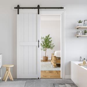 SmartStandard 28 x 84 inch White Sliding MDF Barn Door with 5FT Black Sliding Door Hardware Kit & Handle, Pre-Drilled Ready to Assemble, Waterproof PVC Coating, H-Frame