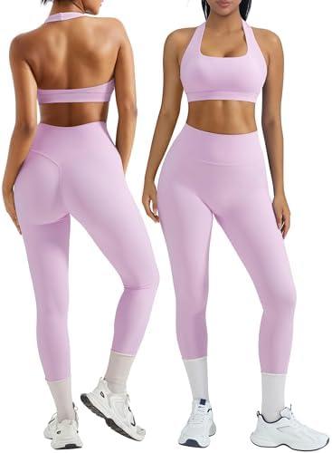 OMKAGI 2 Piece Workout Sets for Women Halter Sports Bras Gym Sets Booty Leggings Outfits, XS