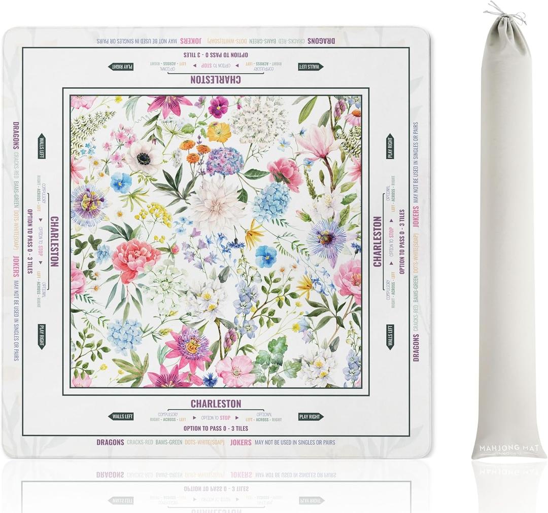 Mahjong Mat (33"x33") - Non-Slip Noise Reduction Gaming Mat for American Mahjong - Flower-Carnation-12