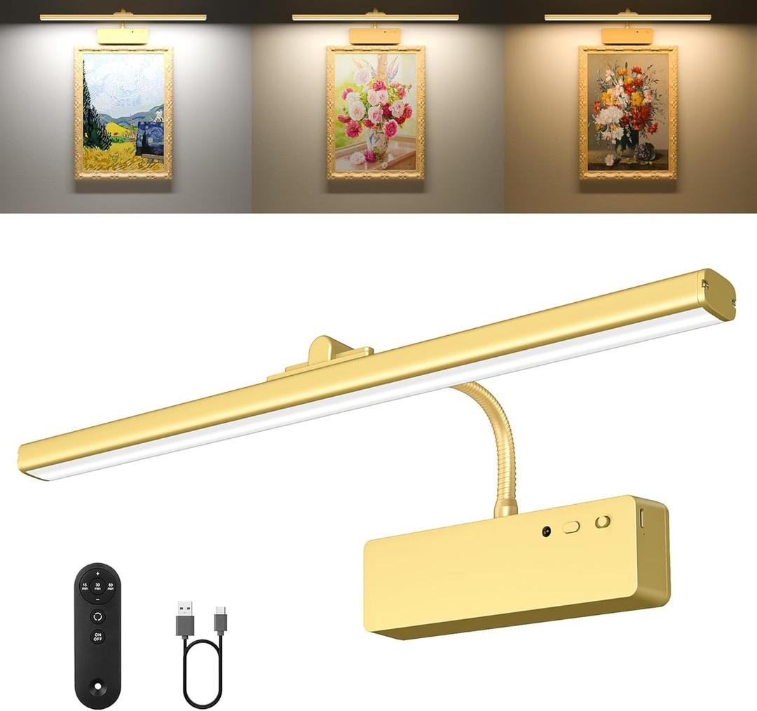 Picture Light, 15.35inch Wireless Picture Lights for Wall Rechargeable, 5400mAh Battery Wall Light with Remote, 3 Color Art Lighting for Paintings with Timer and Dimmable for Display, Gallery (Gold)