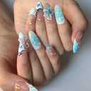 Handmade Acrylic Press On Nails Almond, 3D Press On Nails Medium Fasle Nails, Blue Floral Nails French Tip For Women, Reusable Stick On Fake Nails Kit With Nail File (Size S