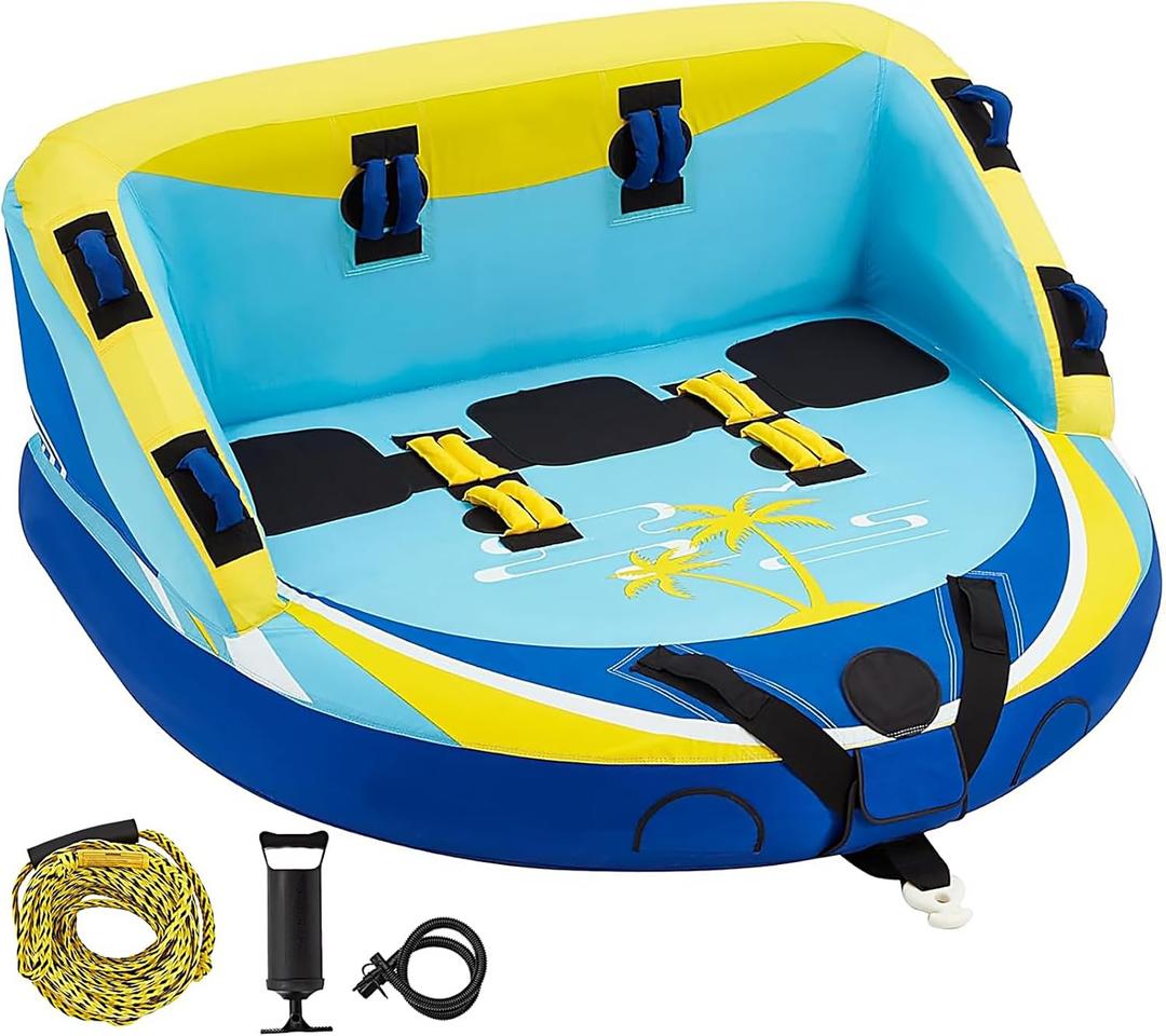 3 Person Towable Tube for Boating, Inflatable Water Sports Towables for Boats to Pull 1-3 Rider, Sofa Style Boat Tube with Dual Front and Back Tow Points, Including Nylon Tow Rope and Air Pump