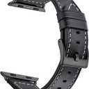 Compatible with Apple Watch Series 11 10 46mm Strap Genuine Leather Replacement Watchband with Gun Metal Hardware for Apple Watch Series 9 8 7 45mm 6 SE 5 4 44mm 3 2 1 42mm, Black