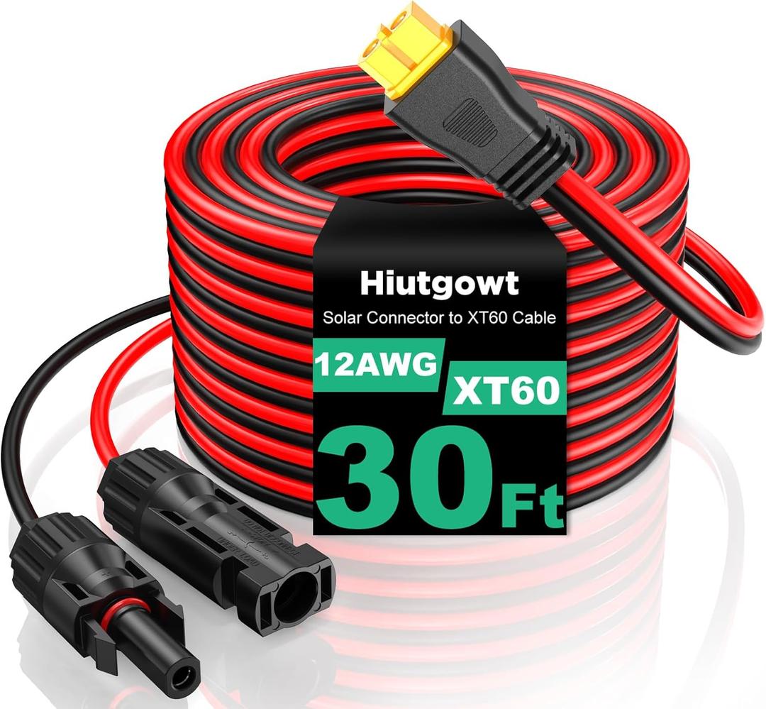 12AWG XT60 Solar Cable 30FT, Solar to XT60 Cable 3 10 15 20 25 40 50FT, Solar Panel Connector to XT60 Adapter Cable, XT60 Solar Charging Cable for Portable Power Station - 30Ft