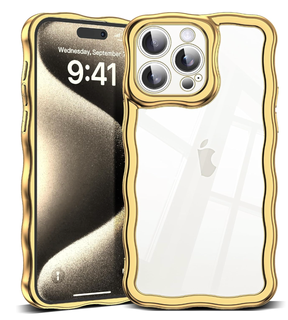 SKYLMW Compatible with iPhone 15 Pro Max Case, Kawaii Cute Curly Wave Frame Luxury Plating Edge, Stylish Glossy Clear Back, Soft TPU Shockproof Protective Cases for iPhone 15 Pro Max, Gold