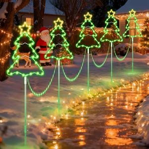 5 Pack 39.4'' Higher Christmas Tree Pathway Lights 250LEDS Outdoor Decorations, Bigger 13.8" Christmas Tree Sign w/ 8 Modes Lighting Waterproof Stake Lights for Xmas Festive Outside Garden, Yard Decor