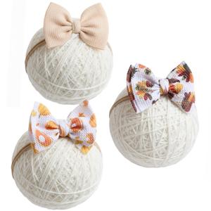 5 x Thanksgiving 4.5" Baby Girl Bows 3 Pack Soft Headband High Stretchy Hairbows Newborn Toddler (Beige&Turkey&Maple Leaf)