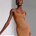 PUMIEY Women's Square Neck Mini Dress Ribbed Bodycon Tank Dresses Slim Fit Summer Dresses for Women (Beige, XL)