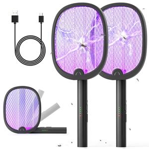YISSVIC Electric Fly Swatter Foldable Bug Zapper Racket 2 in 1 Mosquito Killer with Purple Attractant Light Rechargeable 1800mAh for Indoor Home Backyard Patio Camping (Black-2 Pack)