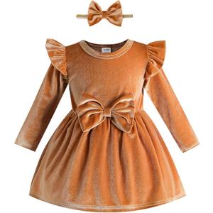 Kucnuzki Toddler Baby Girl Clothes Velvet Dress Solid Little Flower Girl Dress Princess Casual Party Dress for Girl Fall (18-24 Months, Brown)