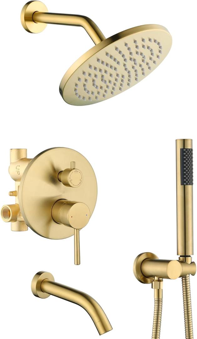 Shower System with Tub Spout, Gold Bathtub Shower Faucet Set, 8" Rain Shower Head and Handheld Spray Combo, Round Shower Head and Handle Set with Tub Spout (Valve Included), Brushed Gold