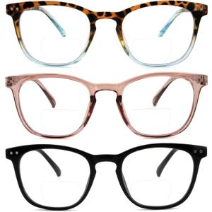Ryegis 3-Pack Retro Square Bifocal Reading Glasses Women,Spring Hinge Computer Readers,Anti UV Ray Blue Light Blocking Eyeglasses 1.75