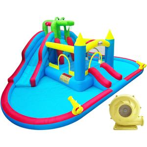 Inflatable Bounce House with Double Water Slide,Double Ball Pit/Water Pool,Crocodile Styling,Double Water Cannon,Climbing Wall,Bouncy Castle with Air Blower,Water Park Slide for Kids Backyard