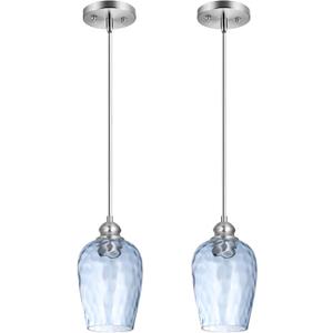 Glass Pendant Lights Kitchen Island, Blue Pendant Light Fixtures with Hand-Blown Clear Glass, Modern Hanging Light for Kitchen Sink Dining Room Bedroom, E26 (Blue, 2pack)