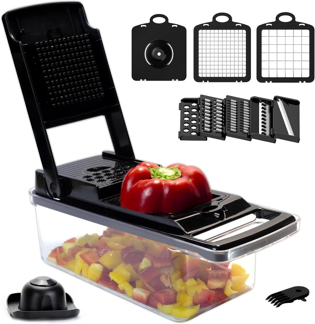 Pro Multifunctional Chopper - 10 in 1 Mandoline Slicer and Dicer, Veggie Chopper With 8 Blades, Carrot, Potato, Garlic (Black)