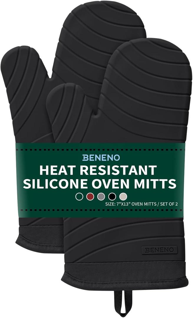Beneno Heat Resistant Silicone Oven Mitts BPA-Free, Non-Slip Textured Grip & Quilted Cotton Lining, Waterproof Kitchen Mitt 2-Pack Set, 7"x13", Black