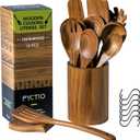 12 PCS Acacia Wooden Spoons for Cooking  HeatResistant, Comfort Grip,Easy to Clean, Nonstick Friendly  Kitchen Utensil Set with Holder, Spoon Rest & 6 Hooks, Ideal for Gifting