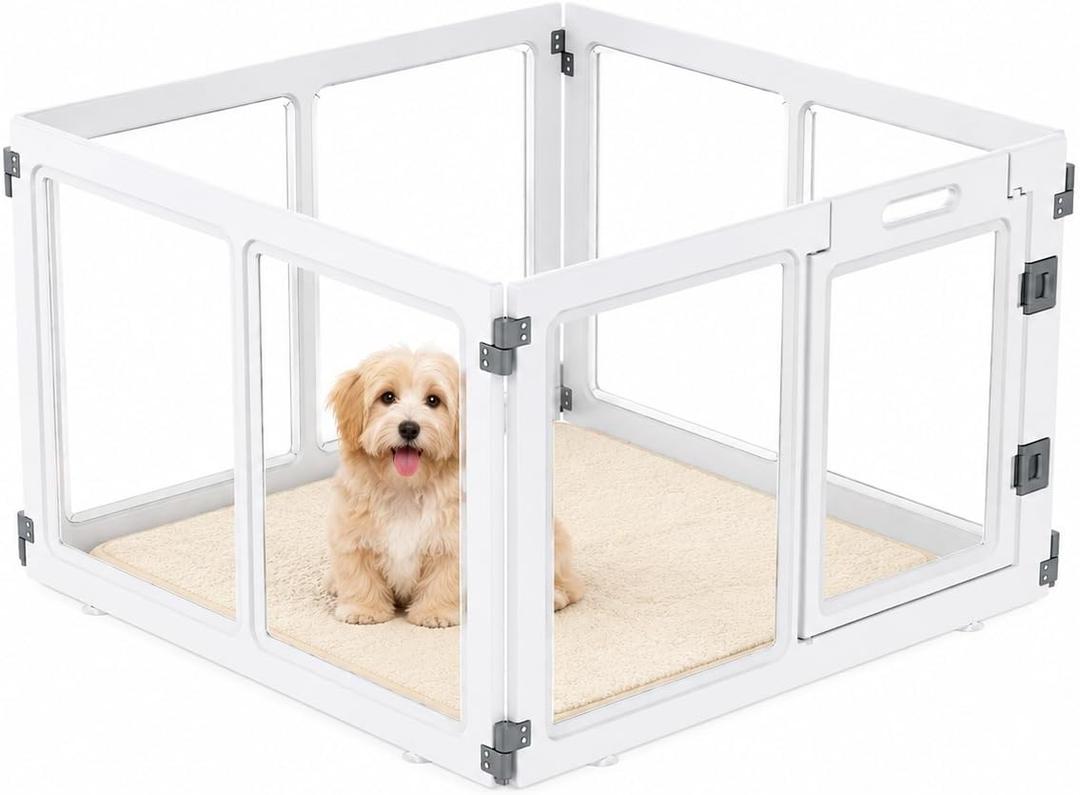 Clear Acrylic Dog Playpen with Door,23.6" Puppy Playpen,Easy Assemble Pet Fence for Puppies/Small Dog Play Pen Indoor (White, 23.6"&40", 4 PC(Transparent Sheet))